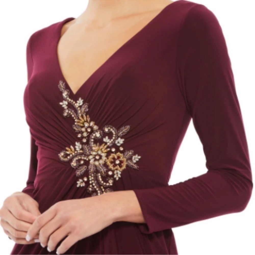 Mac Duggal Deep Red Long Sleeve Dress with Gold Embellishments